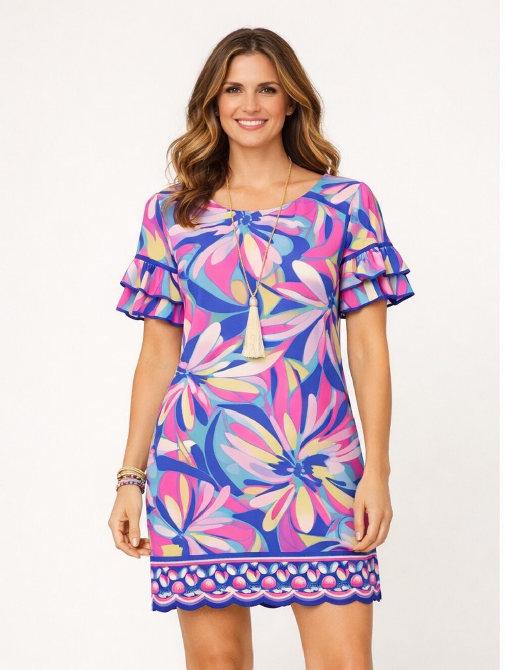 Pappagallo Colorful Pastel Cactus Rose Ruffled 3/4 Sleeve Mini Dress Size M